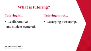 …collaborative
and student-centered.
…usurping ownership.
Tutoring is... Tutoring is not...
What is tutoring?
 
