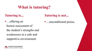 …offering an
honest assessment of
the student’s strengths and
weaknesses in a safe and
supportive environment.
…unconditional praise.
Tutoring is... Tutoring is not...
What is tutoring?
 