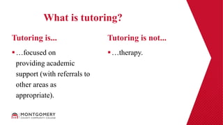 …focused on
providing academic
support (with referrals to
other areas as
appropriate).
…therapy.
Tutoring is... Tutoring is not...
What is tutoring?
 