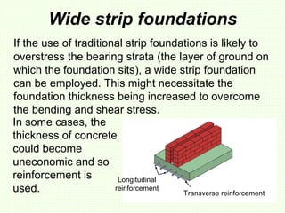 Wide strip foundations
If the use of traditional strip foundations is likely to
overstress the bearing strata (the layer of ground on
which the foundation sits), a wide strip foundation
can be employed. This might necessitate the
foundation thickness being increased to overcome
the bending and shear stress.
In some cases, the
thickness of concrete
could become
uneconomic and so
reinforcement is
used.
Longitudinal
reinforcement
Transverse reinforcement
 