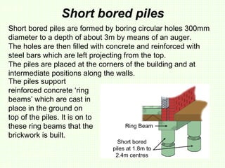 Short bored piles
Short bored piles are formed by boring circular holes 300mm
diameter to a depth of about 3m by means of an auger.
The holes are then filled with concrete and reinforced with
steel bars which are left projecting from the top.
The piles are placed at the corners of the building and at
intermediate positions along the walls.
The piles support
reinforced concrete ‘ring
beams’ which are cast in
place in the ground on
top of the piles. It is on to
these ring beams that the
brickwork is built.
Ring Beam
Short bored
piles at 1.8m to
2.4m centres
 