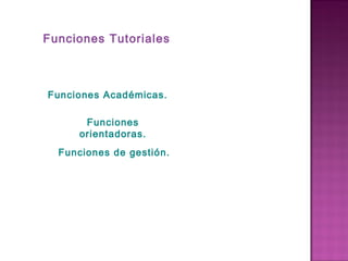 Funciones Tutoriales
Funciones Académicas.
Funciones
orientadoras.
Funciones de gestión.
 