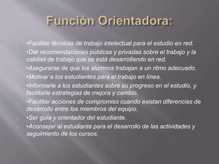 •Facilitar técnicas de trabajo intelectual para el estudio en red.
•Dar recomendaciones públicas y privadas sobre el trabajo y la
calidad de trabajo que se está desarrollando en red.
•Asegurarse de que los alumnos trabajan a un ritmo adecuado.
•Motivar a los estudiantes para el trabajo en línea.
•Informarle a los estudiantes sobre su progreso en el estudio, y
facilitarle estrategias de mejora y cambio.
•Facilitar acciones de compromiso cuando existan diferencias de
desarrollo entre los miembros del equipo.
•Ser guía y orientador del estudiante.
•Aconsejar al estudiante para el desarrollo de las actividades y
seguimiento de los cursos.
 