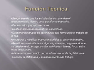 •Asegurarse de que los estudiantes comprendan el
funcionamiento técnico de la plataforma educativa.
•Dar consejos y apoyos técnicos.
•Realizar actividades formativas específicas.
•Gestionar los grupos de aprendizaje que forme para el trabajo en
la red.
•Incorporar y modificar nuevos materiales al entorno formativo.
•Remitir a los estudiantes a algunas partes del programa, donde
se puedan realizar bajar o subir actividades, tareas, foros, entre
otras actividades.
•Mantenerse en contacto con el administrador de la plataforma.
•Conocer la plataforma y sus herramientas de trabajo.
 