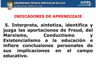 INDICADORES DE APRENDIZAJE 5. Interpreta, sintetiza, identifica y juzga las aportaciones de Freud, del Marxismo, Conductismo y Existencialismo a la educación e infiere conclusiones personales de sus implicaciones en el campo educativo. 
