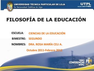 FILOSOFÍA DE LA EDUCACIÓN  ESCUELA : NOMBRES: CIENCIAS DE LA EDUCACIÓN DRA. ROSA MARÍA CELI A. BIMESTRE: Octubre 2011-Febrero 2012 SEGUNDO 