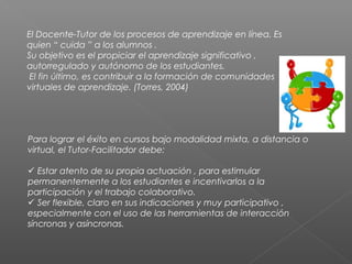 El Docente-Tutor de los procesos de aprendizaje en línea. Es
quien “ cuida ” a los alumnos .
Su objetivo es el propiciar el aprendizaje significativo ,
autorregulado y autónomo de los estudiantes.
El fin último, es contribuir a la formación de comunidades
virtuales de aprendizaje. (Torres, 2004)
Para lograr el éxito en cursos bajo modalidad mixta, a distancia o
virtual, el Tutor-Facilitador debe:
 Estar atento de su propia actuación , para estimular
permanentemente a los estudiantes e incentivarlos a la
participación y el trabajo colaborativo.
 Ser flexible, claro en sus indicaciones y muy participativo ,
especialmente con el uso de las herramientas de interacción
síncronas y asíncronas.
 