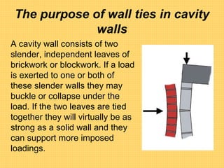 The purpose of wall ties in cavity
walls
A cavity wall consists of two
slender, independent leaves of
brickwork or blockwork. If a load
is exerted to one or both of
these slender walls they may
buckle or collapse under the
load. If the two leaves are tied
together they will virtually be as
strong as a solid wall and they
can support more imposed
loadings.
 