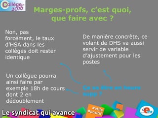 De manière concrète, ce
volant de DHS va aussi
servir de variable
d’ajustement pour les
postes
Marges-profs, c’est quoi,
que faire avec ?
Ça va être en heure
supp ?
Non, pas
forcément, le taux
d’HSA dans les
collèges doit rester
identique
Un collègue pourra
ainsi faire par
exemple 18h de cours
dont 2 en
dédoublement
 