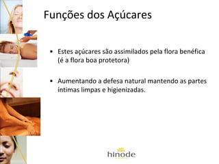Funções dos Açúcares
• Estes açúcares são assimilados pela flora benéfica
(é a flora boa protetora)
• Aumentando a defesa natural mantendo as partes
íntimas limpas e higienizadas.

 