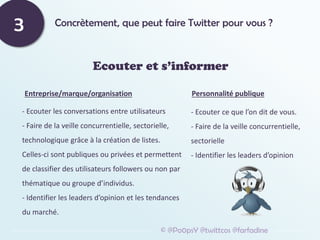 Concrètement, que peut faire Twitter pour vous ?
3
Ecouter et s’informer
© @Po0psY @twittcos @farfadine
Entreprise/marque/organisation Personnalité publique
- Ecouter les conversations entre utilisateurs
- Faire de la veille concurrentielle, sectorielle,
technologique grâce à la création de listes.
Celles-ci sont publiques ou privées et permettent
de classifier des utilisateurs followers ou non par
thématique ou groupe d’individus.
- Identifier les leaders d’opinion et les tendances
du marché.
- Ecouter ce que l’on dit de vous.
- Faire de la veille concurrentielle,
sectorielle
- Identifier les leaders d’opinion
 