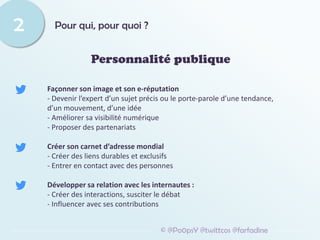 Pour qui, pour quoi ?
2
Personnalité publique
Façonner son image et son e-réputation
- Devenir l’expert d’un sujet précis ou le porte-parole d’une tendance,
d’un mouvement, d’une idée
- Améliorer sa visibilité numérique
- Proposer des partenariats
Créer son carnet d’adresse mondial
- Créer des liens durables et exclusifs
- Entrer en contact avec des personnes
Développer sa relation avec les internautes :
- Créer des interactions, susciter le débat
- Influencer avec ses contributions
© @Po0psY @twittcos @farfadine
 