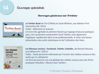 Ouvrages spécialisés
14
© @Po0psY @twittcos @farfadine
Ouvrages généraux sur Twitter
Le Twitter Book de Tim O’Reilly et Sa...