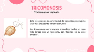 Esta infección es la enfermedad de transmisión sexual no
viral más prevalente en todo el mundo.
Las tricomonas son protozoos anaerobios ovales un poco
más largos que un leucocito, con flagelos en su polo
anterior .
TRICOMONOSIS
TRICOMONOSIS
Trichomonas vaginalis
 
