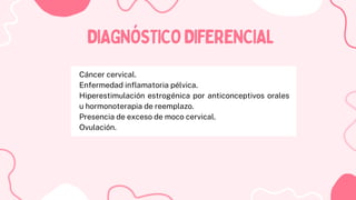 DIAGNÓSTICODIFERENCIAL
DIAGNÓSTICODIFERENCIAL
Cáncer cervical.
Enfermedad inflamatoria pélvica.
Hiperestimulación estrogénica por anticonceptivos orales
u hormonoterapia de reemplazo.
Presencia de exceso de moco cervical.
Ovulación.
 