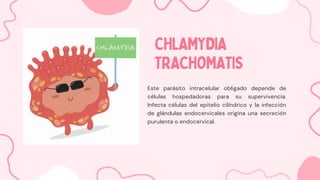 CHLAMYDIA
CHLAMYDIA
TRACHOMATIS
TRACHOMATIS
Este parásito intracelular obligado depende de
células hospedadoras para su supervivencia.
Infecta células del epitelio cilíndrico y la infección
de glándulas endocervicales origina una secreción
purulenta o endocervical.
 
