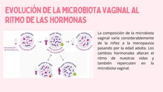 EVOLUCIÓNDELAMICROBIOTAVAGINALAL
EVOLUCIÓNDELAMICROBIOTAVAGINALAL
RITMODELASHORMONAS
RITMODELASHORMONAS
La composición de la microbiota
vaginal varía considerablemente
de la niñez a la menopausia
pasando por la edad adulta. Los
cambios hormonales alteran el
ritmo de nuestras vidas y
también repercuten en la
microbiota vaginal.
 