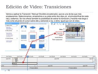 Edición de Vídeo: Transiciones
Vamos a aplicar la Transición “Atenuar”(fundido encadenado), que es una de las que más
emplearemos. Seleccionamos, arrastramos a su pista entre dos clips y/o al principio/final de cada
clip y soltamos. Se nos ofrece también la posibilidad de estirar la transición y hacerla más larga o
más corta situando el cursor sobre ella y estirando a izq. o dcha. Igual que con el vídeo.




 16
 