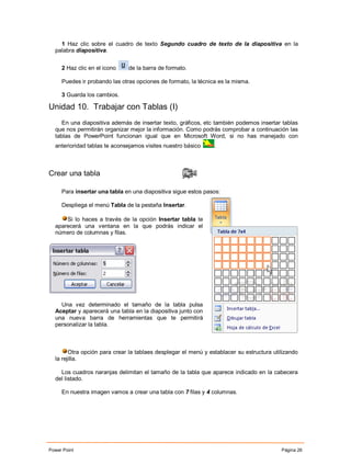 1 Haz clic sobre el cuadro de texto Segundo cuadro de texto de la diapositiva en la
  palabra diapositiva.


     2 Haz clic en el icono   de la barra de formato.

     Puedes ir probando las otras opciones de formato, la técnica es la misma.

     3 Guarda los cambios.

Unidad 10. Trabajar con Tablas (I)
     En una diapositiva además de insertar texto, gráficos, etc también podemos insertar tablas
  que nos permitirán organizar mejor la información. Como podrás comprobar a continuación las
  tablas de PowerPoint funcionan igual que en Microsoft Word, si no has manejado con
  anterioridad tablas te aconsejamos visites nuestro básico     .



Crear una tabla

     Para insertar una tabla en una diapositiva sigue estos pasos:

     Despliega el menú Tabla de la pestaña Insertar.

      Si lo haces a través de la opción Insertar tabla te
  aparecerá una ventana en la que podrás indicar el
  número de columnas y filas.




    Una vez determinado el tamaño de la tabla pulsa
  Aceptar y aparecerá una tabla en la diapositiva junto con
  una nueva barra de herramientas que te permitirá
  personalizar la tabla.



        Otra opción para crear la tablaes desplegar el menú y establacer su estructura utilizando
  la rejilla.

    Los cuadros naranjas delimitan el tamaño de la tabla que aparece indicado en la cabecera
  del listado.

     En nuestra imagen vamos a crear una tabla con 7 filas y 4 columnas.




Power Point                                                                               Página 26
 