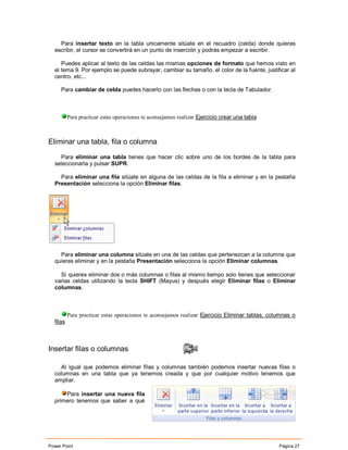 Para insertar texto en la tabla unicamente sitúate en el recuadro (celda) donde quieras
  escribir, el cursor se convertirá en un punto de inserción y podrás empezar a escribir.

     Puedes aplicar al texto de las celdas las mismas opciones de formato que hemos visto en
  el tema 9. Por ejemplo se puede subrayar, cambiar su tamaño, el color de la fuente, justificar al
  centro, etc...

     Para cambiar de celda puedes hacerlo con las flechas o con la tecla de Tabulador.



          Para practicar estas operaciones te aconsejamos realizar Ejercicio crear una tabla



Eliminar una tabla, fila o columna

    Para eliminar una tabla tienes que hacer clic sobre uno de los bordes de la tabla para
  seleccionarla y pulsar SUPR.

    Para eliminar una fila sitúate en alguna de las celdas de la fila a eliminar y en la pestaña
  Presentación selecciona la opción Eliminar filas.




    Para eliminar una columna sitúate en una de las celdas que pertenezcan a la columna que
  quieras eliminar y en la pestaña Presentación selecciona la opción Eliminar columnas.

    Si quieres eliminar dos o más columnas o filas al mismo tiempo solo tienes que seleccionar
  varias celdas utilizando la tecla SHIFT (Mayus) y después elegir Eliminar filas o Eliminar
  columnas.



          Para practicar estas operaciones te aconsejamos realizar Ejercicio Eliminar tablas, columnas o
  filas



Insertar filas o columnas

    Al igual que podemos eliminar filas y columnas también podemos insertar nuevas filas o
  columnas en una tabla que ya tenemos creada y que por cualquier motivo tenemos que
  ampliar.

      Para insertar una nueva fila
  primero tenemos que saber a qué




Power Point                                                                                      Página 27
 