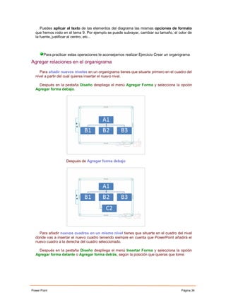 Puedes aplicar al texto de las elementos del diagrama las mismas opciones de formato
  que hemos visto en el tema 9. Por ejemplo se puede subrayar, cambiar su tamaño, el color de
  la fuente, justificar al centro, etc...



        Para practicar estas operaciones te aconsejamos realizar Ejercicio Crear un organigrama

Agregar relaciones en el organigrama

     Para añadir nuevos niveles en un organigrama tienes que situarte primero en el cuadro del
  nivel a partir del cual quieres insertar el nuevo nivel.

    Después en la pestaña Diseño despliega el menú Agregar Forma y selecciona la opción
  Agregar forma debajo.




                     Después de Agregar forma debajo




    Para añadir nuevos cuadros en un mismo nivel tienes que situarte en el cuadro del nivel
  donde vas a insertar el nuevo cuadro teniendo siempre en cuenta que PowerPoint añadirá el
  nuevo cuadro a la derecha del cuadro seleccionado.

    Después en la pestaña Diseño despliega el menú Insertar Forma y selecciona la opción
  Agregar forma delante o Agregar forma detrás, según la posición que quieras que tome.




Power Point                                                                              Página 34
 