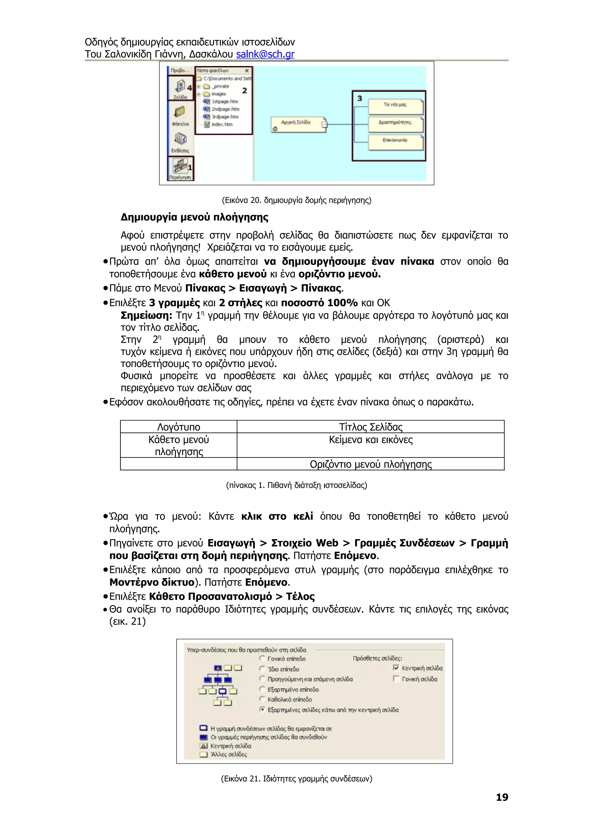 Οδηγός δημιουργίας εκπαιδευτικών ιστοσελίδων
Του Σαλονικίδη Γιάννη, Δασκάλου salnk@sch.gr




                            (Εικόνα 20. δημιουργία δομής περιήγησης)

       Δημιουργία μενού πλοήγησης
       Αφού επιστρέψετε στην προβολή σελίδας θα διαπιστώσετε πως δεν εμφανίζεται το
       μενού πλοήγησης! Χρειάζεται να το εισάγουμε εμείς.
   • Πρώτα απ’ όλα όμως απαιτείται να δημιουργήσουμε έναν πίνακα στον οποίο θα
     τοποθετήσουμε ένα κάθετο μενού κι ένα οριζόντιο μενού.
   • Πάμε στο Μενού Πίνακας > Εισαγωγή > Πίνακας.
   • Επιλέξτε 3 γραμμές και 2 στήλες και ποσοστό 100% και ΟΚ
       Σημείωση: Την 1η γραμμή την θέλουμε για να βάλουμε αργότερα το λογότυπό μας και
       τον τίτλο σελίδας.
       Στην 2η γραμμή θα μπουν το κάθετο μενού πλοήγησης (αριστερά) και
       τυχόν κείμενα ή εικόνες που υπάρχουν ήδη στις σελίδες (δεξιά) και στην 3η γραμμή θα
       τοποθετήσουμς το οριζόντιο μενού.
       Φυσικά μπορείτε να προσθέσετε και άλλες γραμμές και στήλες ανάλογα με το
       περιεχόμενο των σελίδων σας
   • Εφόσον ακολουθήσατε τις οδηγίες, πρέπει να έχετε έναν πίνακα όπως ο παρακάτω.

               Λογότυπο                                    Τίτλος Σελίδας
             Κάθετο μενού                                Κείμενα και εικόνες
              πλοήγησης
                                                    Οριζόντιο μενού πλοήγησης

                             (πίνακας 1. Πιθανή διάταξη ιστοσελίδας)


   • Ώρα για το μενού: Κάντε κλικ στο κελί όπου θα τοποθετηθεί το κάθετο μενού
     πλοήγησης.
   • Πηγαίνετε στο μενού Εισαγωγή > Στοιχείο Web > Γραμμές Συνδέσεων > Γραμμή
     που βασίζεται στη δομή περιήγησης. Πατήστε Επόμενο.
   • Επιλέξτε κάποιο από τα προσφερόμενα στυλ γραμμής (στο παράδειγμα επιλέχθηκε το
     Μοντέρνο δίκτυο). Πατήστε Επόμενο.
   • Επιλέξτε Κάθετο Προσανατολισμό > Τέλος
   • Θα ανοίξει το παράθυρο Ιδιότητες γραμμής συνδέσεων. Κάντε τις επιλογές της εικόνας
     (εικ. 21)




                            (Εικόνα 21. Ιδιότητες γραμμής συνδέσεων)

                                                                                       19
 
