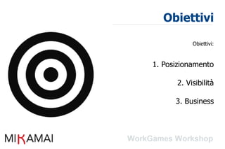 Obiettivi

           Obiettivi:



1. Posizionamento

      2. Visibilità

      3. Business
 