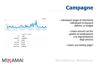 Campagne

- individuare target di riferimento
          - individuare le keyword
               - definire un budget

         - creare annunci ad hoc
        - gestire la localizzazione
              e la segmentazione
                     degli annunci

      - creare una landing page?
 