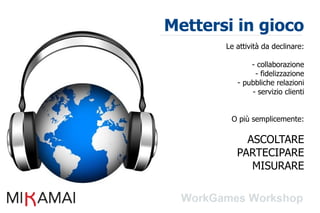 Mettersi in gioco
       Le attività da declinare:

              - collaborazione
               - fidelizzazione
          - pubbliche relazioni
              - servizio clienti


        O più semplicemente:

            ASCOLTARE
          PARTECIPARE
             MISURARE
 