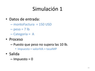 Simulación 1
• Datos de entrada:
  – montoFactura = 150 USD
  – peso = 7 lb
  – Categoria = A
• Proceso
  – Puesto que peso no supera las 10 lb.
     • Impuesto = valorIVA + tasaIMP
• Salida
  – Impuesto = 0

                                           13
 