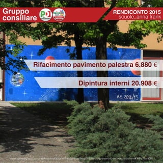 Dipintura interni 20.908 €
Rifacimento pavimento palestra 6.880 €
RENDICONTO 2015
scuole_anna frank
Gruppo
consiliare
www.spinea.gov.it/comune/Amministrazione-Trasparente/Bilanci/Bilancio-preventivo-e-consuntivo.html#.WFz7ffnhDIU
 