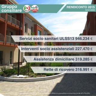 Assistenza dimiciliare 319.285 €
Rette di ricovero 316.991 €
Interventi socio assistenziali 227.470 €
Servizi socio sanitari ULSS13 946.234 €
RENDICONTO 2015
sociale
Gruppo
consiliare
www.spinea.gov.it/comune/Amministrazione-Trasparente/Bilanci/Bilancio-preventivo-e-consuntivo.html#.WFz7ffnhDIU
 