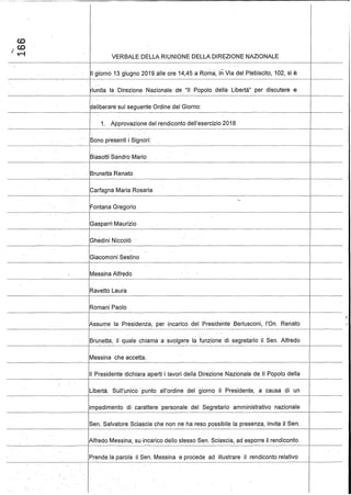 VERBALE DELLA RIUNIONE DELLA DIREZIONE NAZIONALE
Il giorno 13 giugno 2019 alleare 14,45 aRoma, inVia del Plebiscito, 102, si è
----.-------.......:..... ---.-- -.----.~----.--..- ------.-~---._.-----,------------.-'---~------------- -_. -.----.----~l-----------
. riunita la Direzione Nazionale de "II Popolo della Libertà" per discutere e
deliberare sul seguente Ordine del Giorno:
1. Approvazione del rendiconto dell'esercizio 2018
Sono presenti i Signori:
Biasotti Sandra Mario
Brunetta Renato
Carfagna Maria.Rosaria
Fontana Gregorio
____. ._~-~--c---:....-----.----------.-.-.------ . 1-- _
Gasparri Maurizio
Ghedini Niccolò
GiacomoniSestino
Messina Alfredo·
------_..:._-_._._--"- -- --_._._----_._._-_.----_.__._---------------------------------+---_.-
Ravetto Laura
Romani Paolo
AS$umela Presidenza, per incarico del Presidente Berlusconi, l'On. Renato
--------.---------- - - . - -----------t-------
..
Brunetta, il quale chiama a· svolgere la funzione di segretario il Seno Alfredo
---------'---------+-------"--- --------1----
Messina che accetta.
Il Presidente dichiara aperti i lavori della Direzione Nazionale de Il Popolo della
Libertà. Sull'unico punto all'ordine del· giorno il Presidente, a causa di un
- ' 7 ' - - - - - - - - - - - ' - - - - - - + - - - ' - - - - - - - - - ---.---------+-------
impedimento di carattere· personale del Segretario amministrativo nazionale
- - - - - - - - - - - - - ----1-------
Seno Salvatore Sciascia che non ne ha reso possibile la presenza, invita il Seno
. Alfredo Messina, su incarico dello stesso Seno Sciascia, ad esporre il rendiconto.
Prende la parola il Seno Messina e procede ad illustrare il rendiconto relativo
--_._._-----_._----_.__._------I-~--_._-'-_.__._--_..._------..---.--.-----------.----------------.----.--+-----.------
 