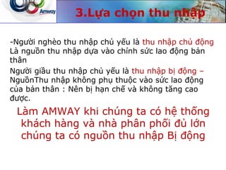 3.Lựa chọn thu nhập
-Người nghèo thu nhập chủ yếu là thu nhập chủ động
Là nguồn thu nhập dựa vào chính sức lao động bản
thân
Người giầu thu nhập chủ yếu là thu nhập bị động –
NguồnThu nhập không phụ thuộc vào sức lao động
của bản thân : Nên bị hạn chế và không tăng cao
được.
Làm AMWAY khi chúng ta có hệ thống
khách hàng và nhà phân phối đủ lớn
chúng ta có nguồn thu nhập Bị động
 