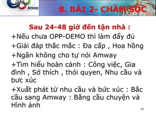 8. BÀI 2- CHĂM SÓC
Sau 24-48 giờ đến tận nhà :
+Nếu chưa OPP-DEMO thì làm đẩy đủ
+Giải đáp thắc mắc : Đa cấp , Hoa hồng
+Ngăn không cho tự nói Amway
+Tìm hiểu hoàn cảnh : Công việc, Gia
đình , Sở thích , thói quyen, Nhu cầu và
bưc xúc
+Xuất phát từ nhu cầu và bức xúc : Bắc
cầu sang Amway : Bằng cầu chuyện và
Hình ảnh 41
 