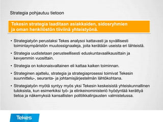 Strategia pohjautuu tietoon
Tekesin strategia laaditaan asiakkaiden, sidosryhmien
ja oman henkilöstön tiiviinä yhteistyönä.
• Strategiatyön perustaksi Tekes analysoi kattavasti ja syvällisesti
toimintaympäristön muutossignaaleja, joita kerätään useista eri lähteistä.
• Strategia uudistetaan perusteellisesti eduskuntavaalikausittain ja
kevyemmin vuosittain.
• Strategia on kokonaisvaltainen eli kattaa kaiken toiminnan.
• Strateginen ajattelu, strategia ja strategiaprosessi toimivat Tekesin
suunnittelu-, seuranta- ja johtamisjärjestelmän lähtökohtana.
• Strategiatyön myötä syntyy myös yksi Tekesin keskeisistä yhteiskunnallinen
tuloksista, kun esimerkiksi työ- ja elinkeinoministeriö hyödyntää kerättyä
tietoa ja näkemyksiä kansallisten politiikkalinjausten valmistelussa.
 