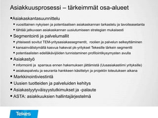 Asiakkuusprosessi – tärkeimmät osa-alueet
Asiakaskantasuunnittelu
 vuosittainen nykyisen ja potentiaalisen asiakaskannan tarkastelu ja tavoiteasetanta
 tähtää jatkuvaan asiakaskannan uusiutumiseen strategian mukaisesti
 Segmentointi ja palvelumallit
 yhteisesti sovitut TEM-yritysasiakassegmentit, roolien ja palvelun selkeyttäminen
 kansainvälistymällä kasvua hakevat pk-yritykset Tekesille tärkein segmentti
 potentiaalisten edelläkävijöiden tunnistaminen profilointikysymysten avulla
 Asiakastyö
 informointi ja sparraus ennen hakemuksen jättämistä (Uusasiakastiimi yrityksille)
 asiakaspalvelu ja seuranta hankkeen käsittelyn ja projektin toteutuksen aikana
 Markkinointiviestintä
 Uusien tuotteiden ja palveluiden kehitys
 Asiakastyytyväisyystutkimukset ja -palaute
 ASTA: asiakkuuksien hallintajärjestelmä
 