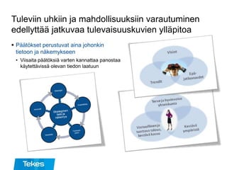 Tuleviin uhkiin ja mahdollisuuksiin varautuminen
edellyttää jatkuvaa tulevaisuuskuvien ylläpitoa
 Päätökset perustuvat aina johonkin
tietoon ja näkemykseen
• Viisaita päätöksiä varten kannattaa panostaa
käytettävissä olevan tiedon laatuun
 