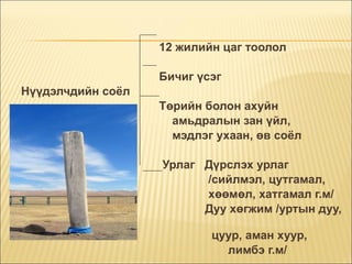 12 жилийн цаг тоолол Бичиг үсэг Нүүдэлчдийн соёл Төрийн болон ахуйн  амьдралын зан үйл,  мэдлэг ухаан, өв соёл Урлаг  Дүрслэх урлаг  /сийлмэл, цутгамал,  хөөмөл, хатгамал г.м/ Дуу хөгжим /уртын дуу,  цуур, аман хуур,  лимбэ г.м/ 