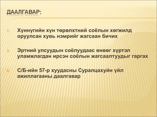 Хүннүгийн хүн төрөлхтний соёлын хөгжилд оруулсан хувь нэмрийг жагсаан бичих Эртний улсуудын соёлуудаас өнөөг хүртэл уламжлагдан ирсэн соёлын жагсаалтуудыг гаргах С/Б-ийн 57-р хуудасны Суралцахуйн үйл ажиллагааны даалгавар 