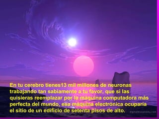 En tu cerebro tienes13 mil millones de neuronas trabajando tan sabiamente a tu favor, que si las quisieras reemplazar por la máquina computadora más perfecta del mundo, esa máquina electrónica ocuparía el sitio de un edificio de setenta pisos de alto. 