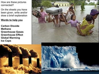 How are these pictures connected? On the sheets you have been given, write and/or draw a brief explanation Words to help you Carbon Dioxide Methane  Greenhouse Gases  Greenhouse Effect Global Warming  Ice Caps   