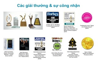 Các giải thưởng & sự công nhận



                                                                 Forbes' list of "100 Most
                                                                 Trustworthy Companies"                                         Totalbeauty.com's "Read
                                                                                                 Stevie Awards for
                                                                           (2010)                                                 er's Choice Award"
                                                                                                 Women in Business -
                                                                                                                                         (2010)
                                                                                                 Best Asian Executive, for
                                                                                                 Melisa Tantoco Quijano
                                                                                                 (2010




 Utah Innovation                        International Business                                         International Business          Best of State:
                     Utah Business
Award, Honorable                                Award-                    Utah Valley Business                  Award               Health and Nutrition
                    Magazine's "Best
 Mention - Future                        Product Development                Q'sTop Revenue               Honoree: Product            Products (2010)
                    Company To Work
  Serum (2010)                             Team of the Year,                 Company (2010              Development Team of
                    For" Award (2010)
                                        Distinguished Honoree                                              the Year (2010)
                                                 (2010)
 