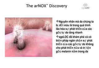 The arNOX™ Discovery


              Nguyên nhân mà da chúng ta
              bị đổ i màu là trong quá trình
              lão hóa sự phát triể n củ a các
              gố c tự do tăng nhanh
              ageLOC đã khám phá và có
              biệ n pháp ngăn chậ n sự phát
              triể n củ a các gố c tự do không
              cho phát triể n nữ a và trị tậ n
              gố c melanin nằ m trong da
 