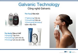 Galvanic Technology
                               Công nghệ Galvanic
                            The Face/ Cho mặ t

                            Tightening/ Săn da
                            Smoothing/ Mịn da
                            Eliminating Wrinkles/
                            Giảm nếp nhăn



The Body/ Cho cơ thể
Shaping/ Tạo hình
Smoothing/ Làm mịn da
Firming/ Làm da săn chắc
 