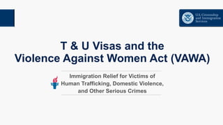 T & U Visas and the
Violence Against Women Act (VAWA)
Immigration Relief for Victims of
Human Trafficking, Domestic Violence,
and Other Serious Crimes
 