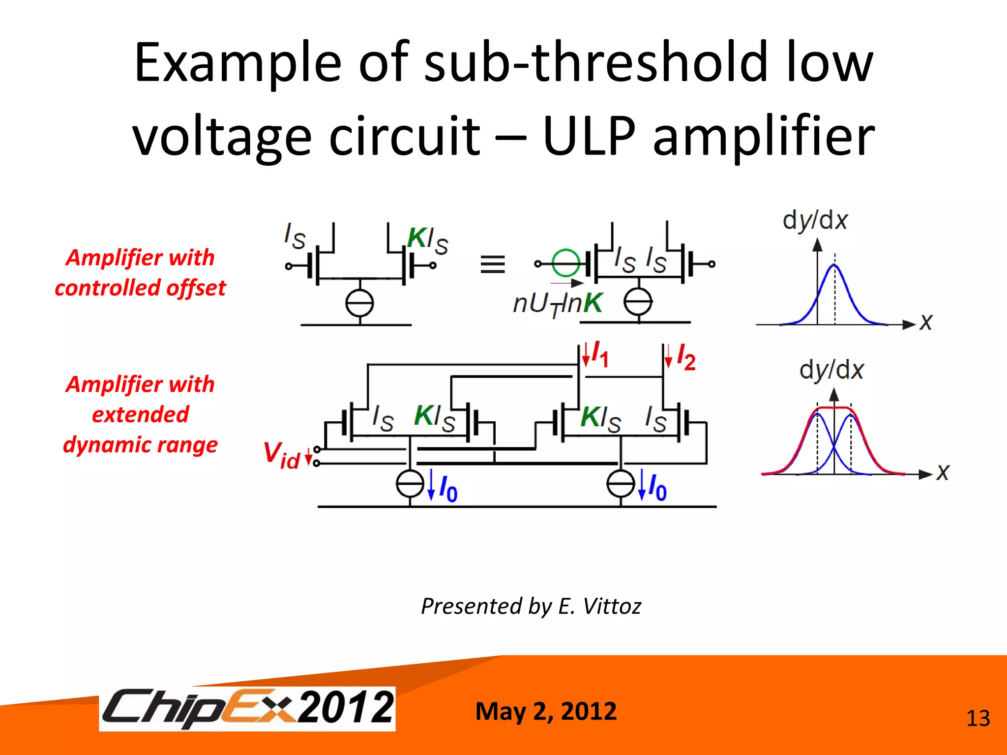 Example of sub-threshold low
       voltage circuit – ULP amplifier
 Amplifier with
controlled offset


Amplifier with
  extended
dynamic range




                    Presented by E. Vittoz



                         May 2, 2012         13
 