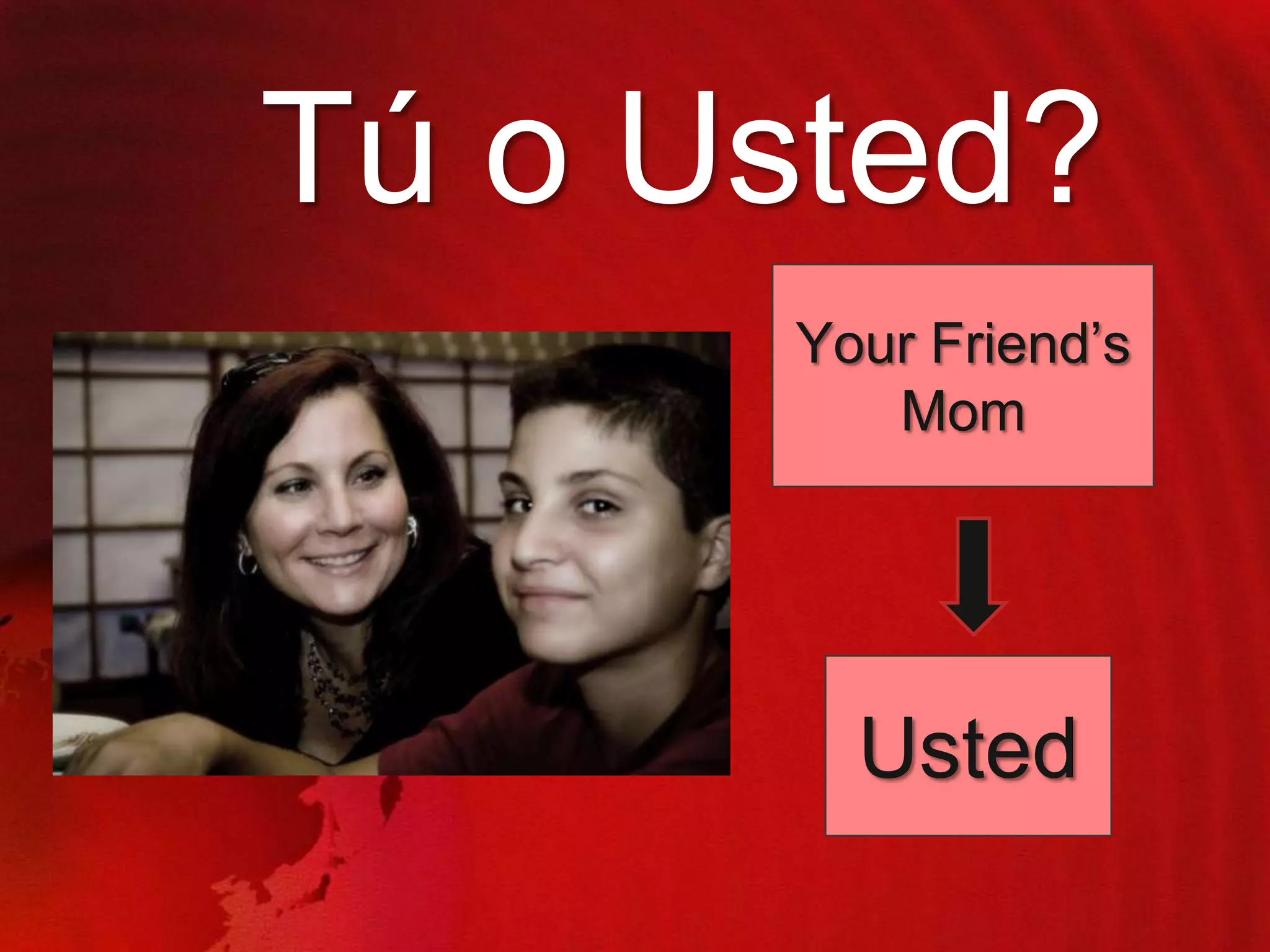 Tú o Usted?
Your Friend‟s
Mom

Usted

 