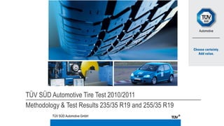 TÜV SÜD Automotive Tire Test 2010/2011
Methodology & Test Results 235/35 R19 and 255/35 R19
         TÜV SÜD Automotive GmbH
 