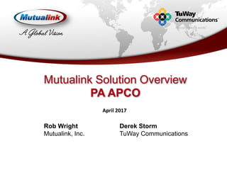 Mutualink Solution Overview
PA APCO
Rob Wright
Mutualink, Inc.
April 2017
Derek Storm
TuWay Communications
 